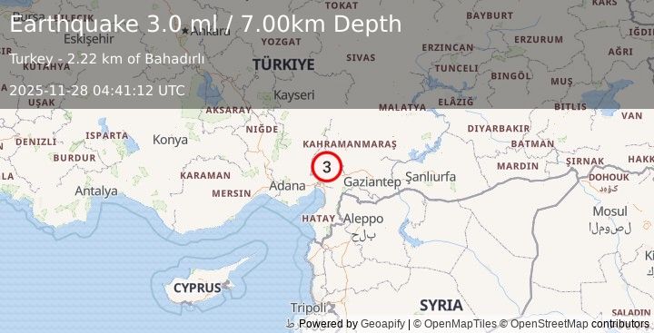 Earthquake CENTRAL TURKEY (3.0 ml) (2025-11-28 04:41:12 UTC)