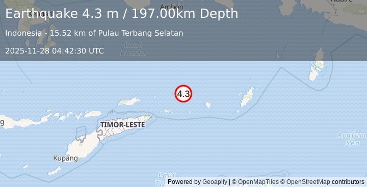 Earthquake KEPULAUAN BARAT DAYA, INDONESIA (4.3 m) (2025-11-28 04:42:30 UTC)