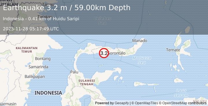 Earthquake MINAHASA, SULAWESI, INDONESIA (3.2 m) (2025-11-28 05:17:49 UTC)