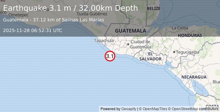 Earthquake OFFSHORE GUATEMALA (3.1 m) (2025-11-28 06:52:31 UTC)