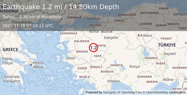 Earthquake WESTERN TURKEY (1.3 ml) (2025-11-28 07:20:11 UTC)