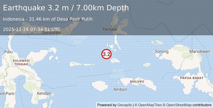 Earthquake KEPULAUAN OBI, INDONESIA (3.2 m) (2025-11-28 07:34:51 UTC)