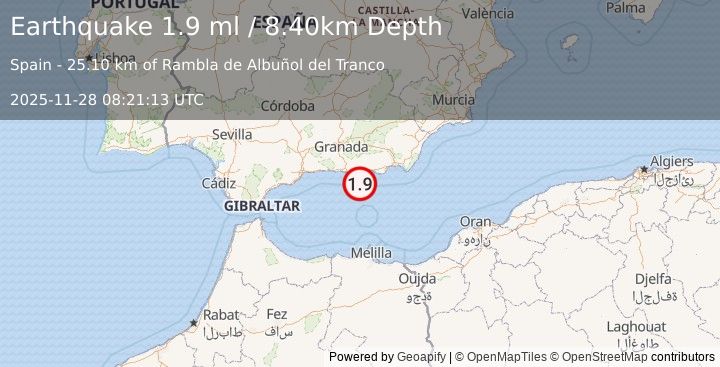 Earthquake STRAIT OF GIBRALTAR (1.9 ml) (2025-11-28 08:21:13 UTC)