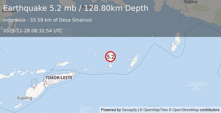 Earthquake KEPULAUAN BABAR, INDONESIA (5.2 mb) (2025-11-28 08:32:53 UTC)