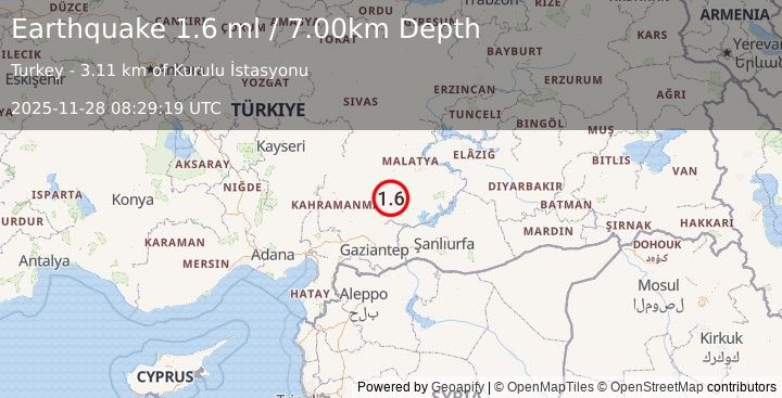 Earthquake CENTRAL TURKEY (1.6 ml) (2025-11-28 08:29:19 UTC)