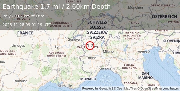 Earthquake NORTHERN ITALY (1.7 ml) (2025-11-28 09:01:19 UTC)