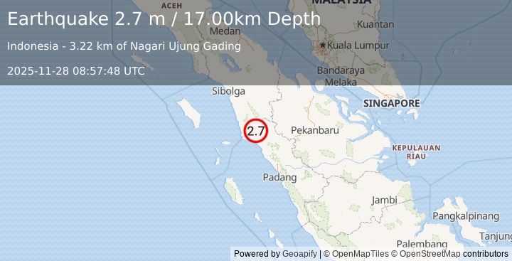 Earthquake NORTHERN SUMATRA, INDONESIA (2.7 m) (2025-11-28 08:57:48 UTC)