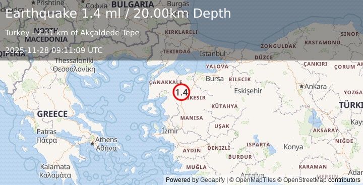 Earthquake WESTERN TURKEY (1.4 ml) (2025-11-28 09:11:09 UTC)