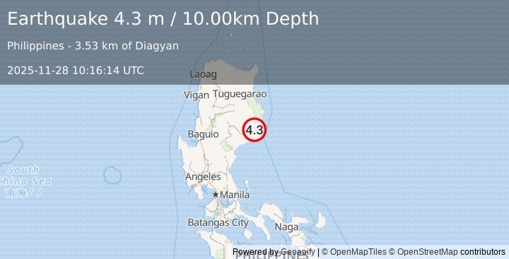 Earthquake LUZON, PHILIPPINES (4.3 m) (2025-11-28 10:16:14 UTC)