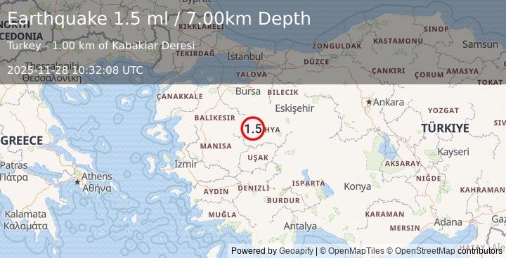 Earthquake WESTERN TURKEY (1.5 ml) (2025-11-28 10:32:08 UTC)