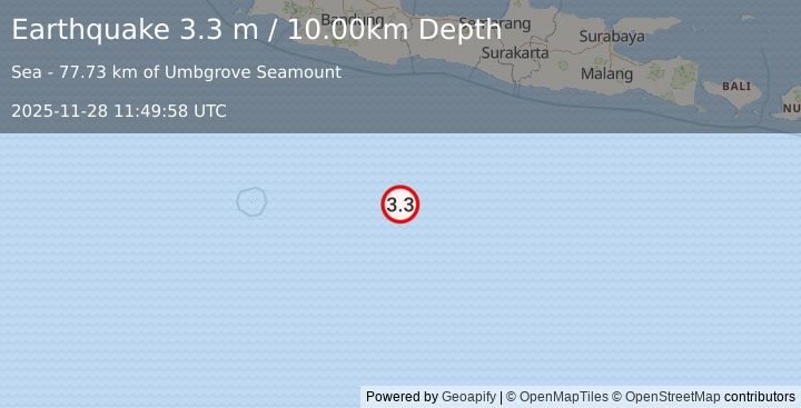 Earthquake SOUTH OF JAVA, INDONESIA (3.3 m) (2025-11-28 11:49:58 UTC)