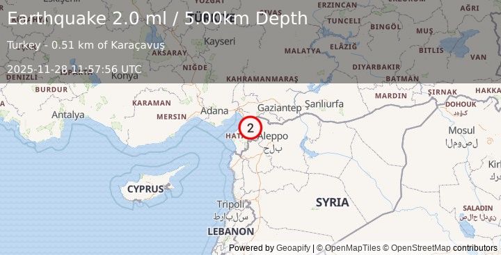 Earthquake TURKEY-SYRIA BORDER REGION (2.0 ml) (2025-11-28 11:57:57 UTC)