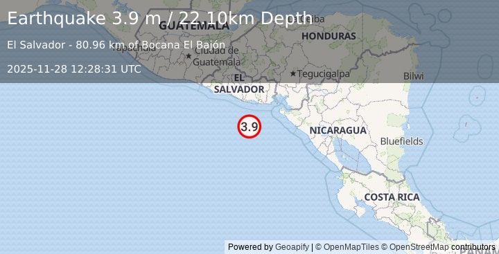 Earthquake OFFSHORE EL SALVADOR (3.9 m) (2025-11-28 12:28:31 UTC)