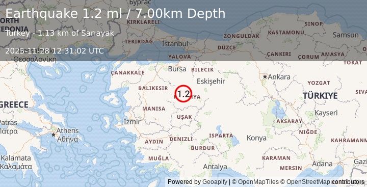 Earthquake WESTERN TURKEY (1.2 ml) (2025-11-28 12:31:02 UTC)