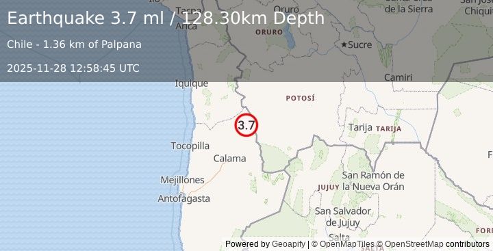 Earthquake ANTOFAGASTA, CHILE (3.9 ml) (2025-11-28 12:58:44 UTC)
