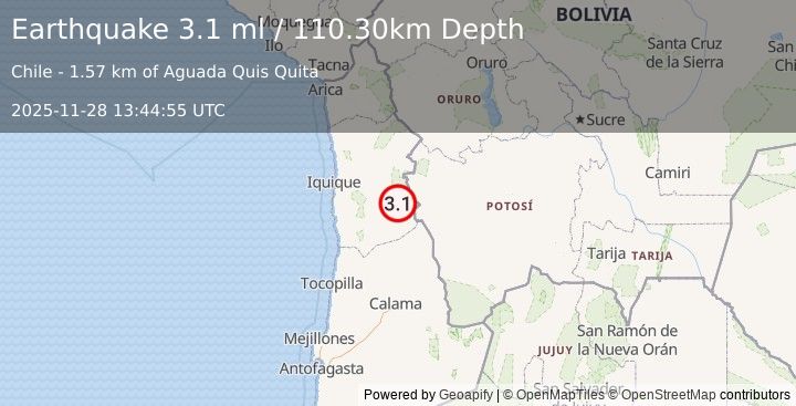 Earthquake TARAPACA, CHILE (3.1 ml) (2025-11-28 13:44:55 UTC)