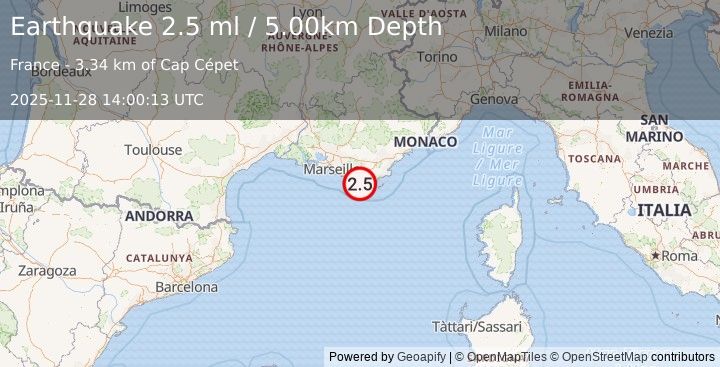 Earthquake NEAR SOUTH COAST OF FRANCE (2.5 ml) (2025-11-28 14:00:12 UTC)