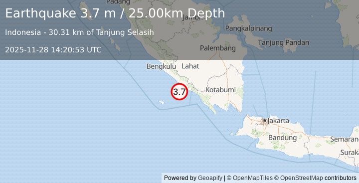 Earthquake SOUTHERN SUMATRA, INDONESIA (3.7 m) (2025-11-28 14:20:53 UTC)