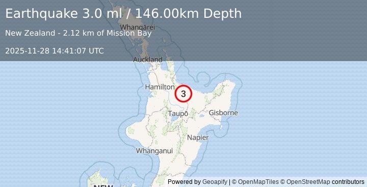 Earthquake NORTH ISLAND OF NEW ZEALAND (3.0 ml) (2025-11-28 14:41:07 UTC)