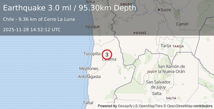 Earthquake ANTOFAGASTA, CHILE (3.0 ml) (2025-11-28 14:52:12 UTC)