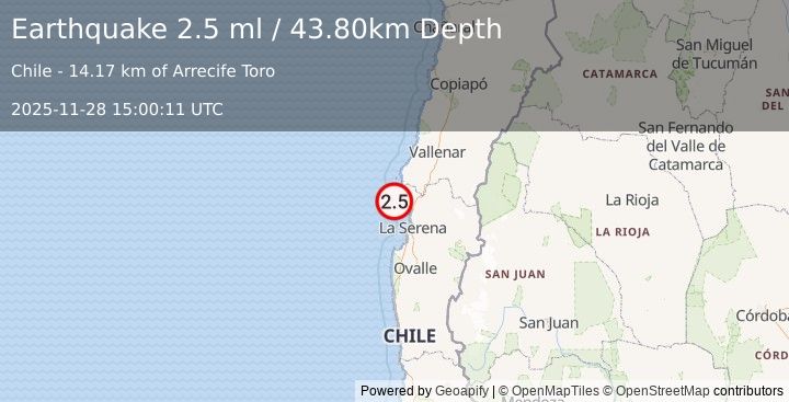 Earthquake OFFSHORE COQUIMBO, CHILE (2.5 ml) (2025-11-28 15:00:11 UTC)
