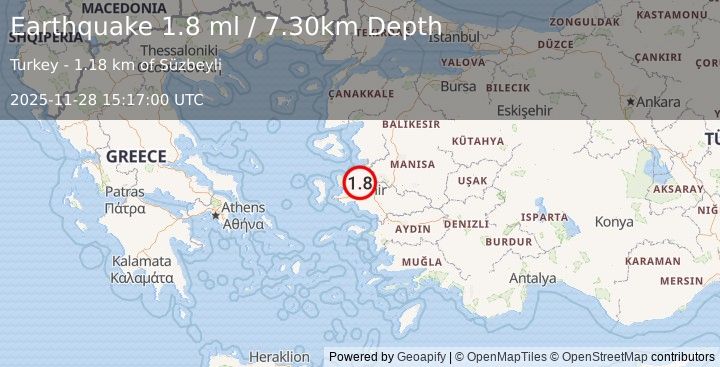Earthquake NEAR THE COAST OF WESTERN TURKEY (1.8 ml) (2025-11-28 15:17:00 UTC)