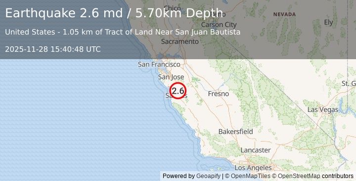 Earthquake CENTRAL CALIFORNIA (2.6 md) (2025-11-28 15:40:48 UTC)