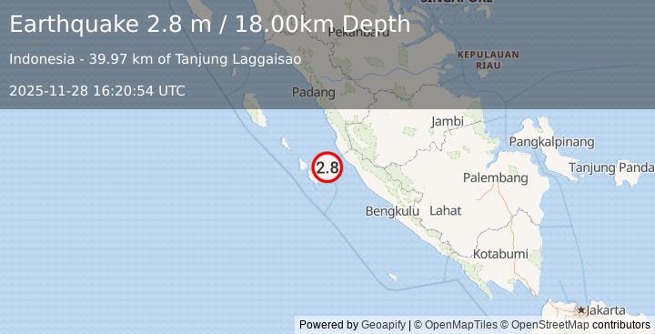 Earthquake KEP. MENTAWAI REGION, INDONESIA (2.8 m) (2025-11-28 16:20:54 UTC)