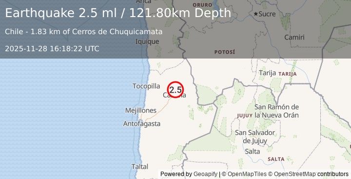 Earthquake ANTOFAGASTA, CHILE (2.5 ml) (2025-11-28 16:18:22 UTC)