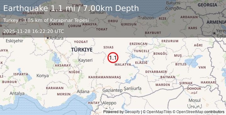 Earthquake CENTRAL TURKEY (1.1 ml) (2025-11-28 16:22:20 UTC)