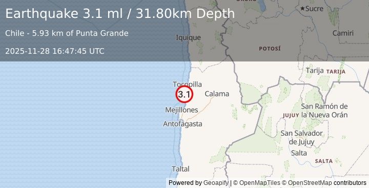 Earthquake OFFSHORE ANTOFAGASTA, CHILE (3.1 ml) (2025-11-28 16:47:45 UTC)