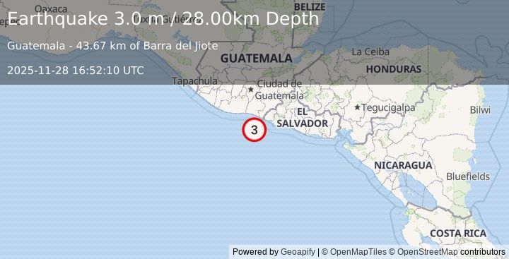 Earthquake OFFSHORE GUATEMALA (3.0 m) (2025-11-28 16:52:11 UTC)