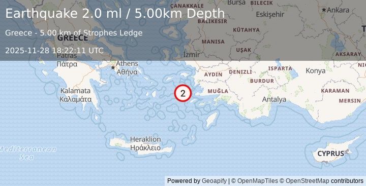 Earthquake DODECANESE ISLANDS, GREECE (1.9 ml) (2025-11-28 18:22:13 UTC)