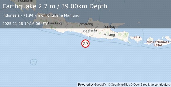 Earthquake JAVA, INDONESIA (2.7 m) (2025-11-28 19:16:06 UTC)