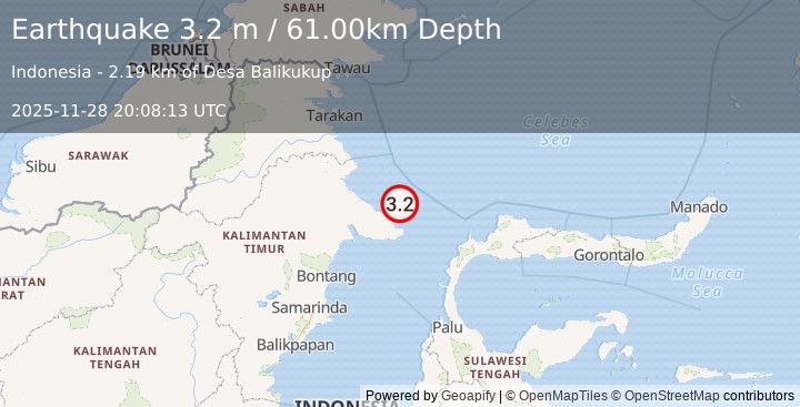 Earthquake KALIMANTAN, INDONESIA (3.2 m) (2025-11-28 20:08:13 UTC)