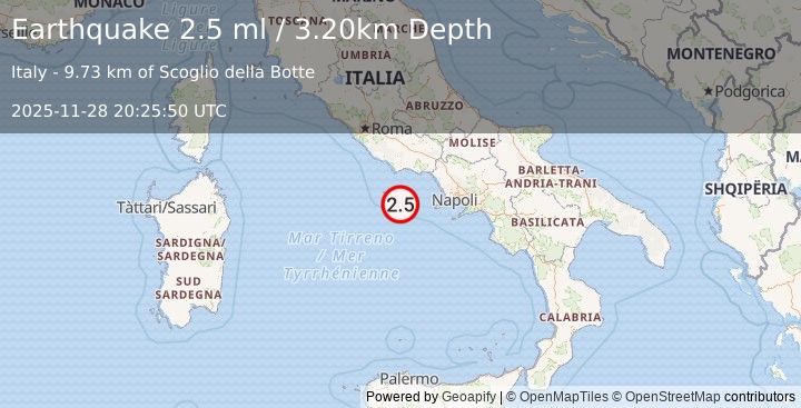 Earthquake TYRRHENIAN SEA (2.5 ml) (2025-11-28 20:25:50 UTC)