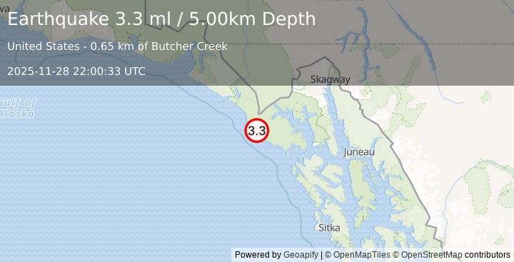Earthquake SOUTHEASTERN ALASKA (3.6 ml) (2025-11-28 22:00:35 UTC)