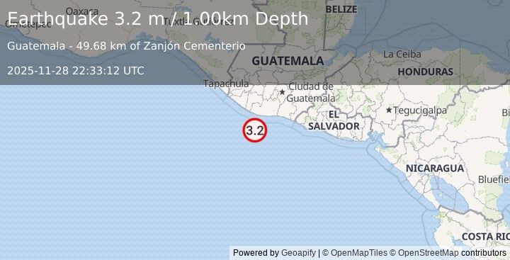 Earthquake OFFSHORE GUATEMALA (3.2 m) (2025-11-28 22:33:12 UTC)