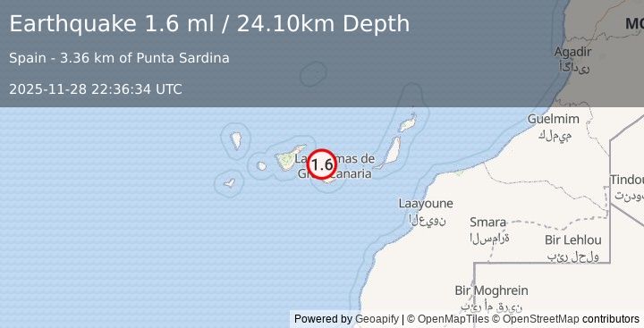 Earthquake CANARY ISLANDS, SPAIN REGION (1.6 ml) (2025-11-28 22:36:34 UTC)