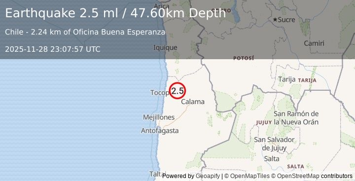 Earthquake ANTOFAGASTA, CHILE (2.5 ml) (2025-11-28 23:07:57 UTC)