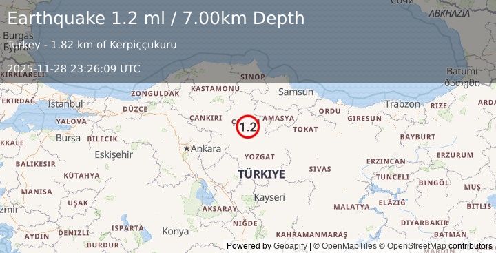 Earthquake CENTRAL TURKEY (1.2 ml) (2025-11-28 23:26:09 UTC)