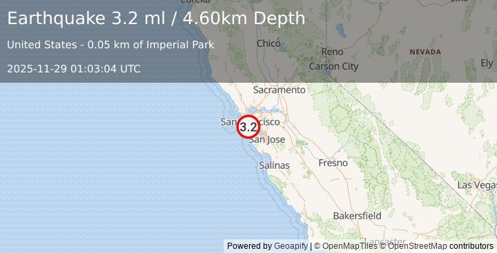 Earthquake SAN FRANCISCO BAY AREA, CALIF. (3.2 ml) (2025-11-29 01:03:04 UTC)