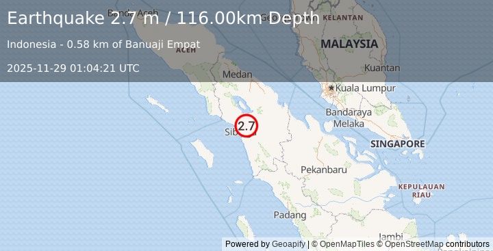 Earthquake NORTHERN SUMATRA, INDONESIA (2.7 m) (2025-11-29 01:04:21 UTC)