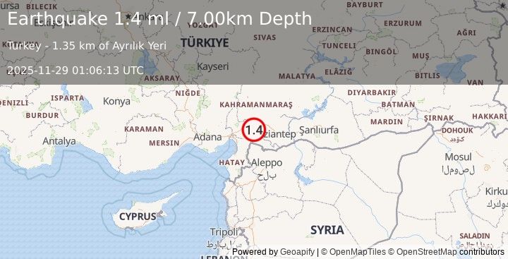 Earthquake CENTRAL TURKEY (1.4 ml) (2025-11-29 01:06:13 UTC)