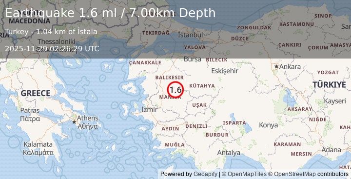 Earthquake WESTERN TURKEY (1.6 ml) (2025-11-29 02:26:29 UTC)