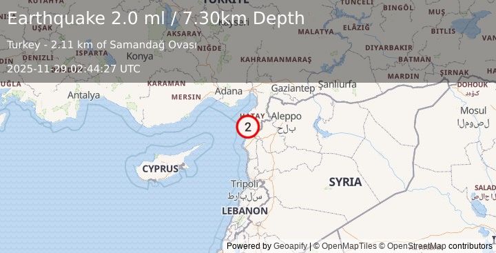 Earthquake NEAR THE COAST OF SYRIA (2.0 ml) (2025-11-29 02:44:26 UTC)