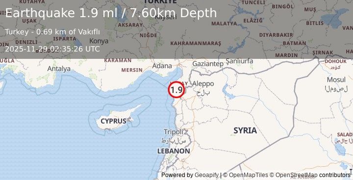 Earthquake CENTRAL TURKEY (1.9 ml) (2025-11-29 02:35:26 UTC)