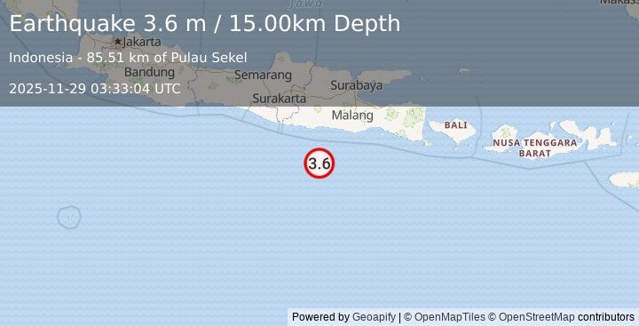 Earthquake SOUTH OF JAVA, INDONESIA (3.6 m) (2025-11-29 03:33:04 UTC)