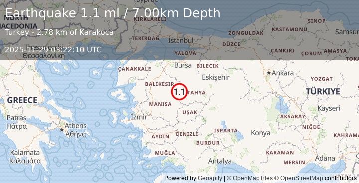 Earthquake WESTERN TURKEY (1.1 ml) (2025-11-29 03:22:10 UTC)