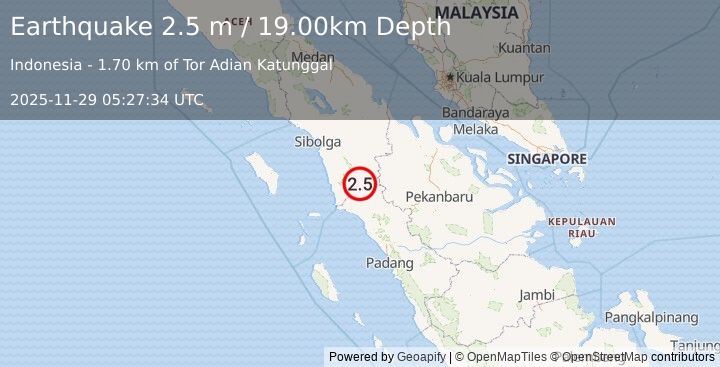 Earthquake NORTHERN SUMATRA, INDONESIA (2.5 m) (2025-11-29 05:27:34 UTC)